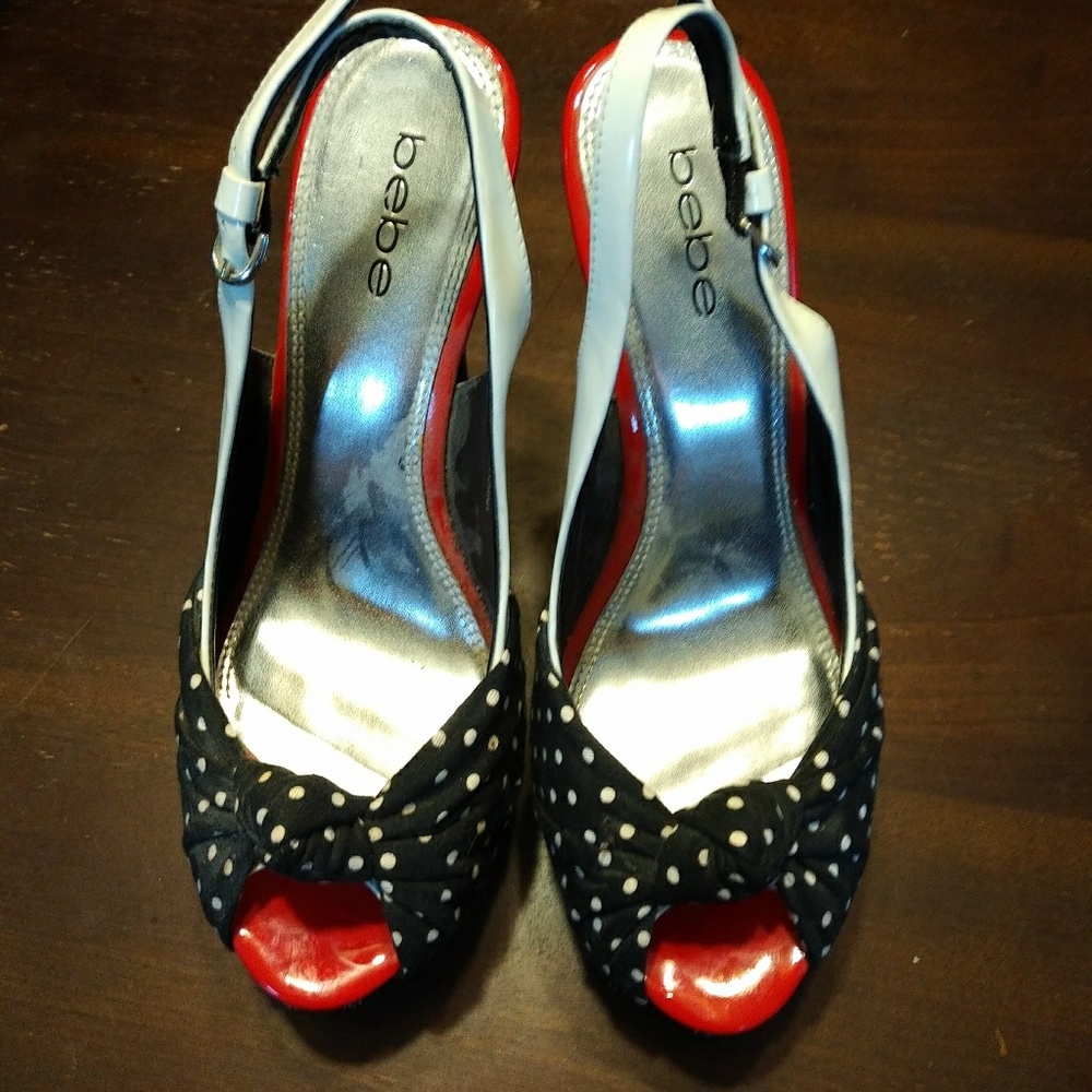 White/Red/Polka Dot Pin Up BEBE Sling Back Heels